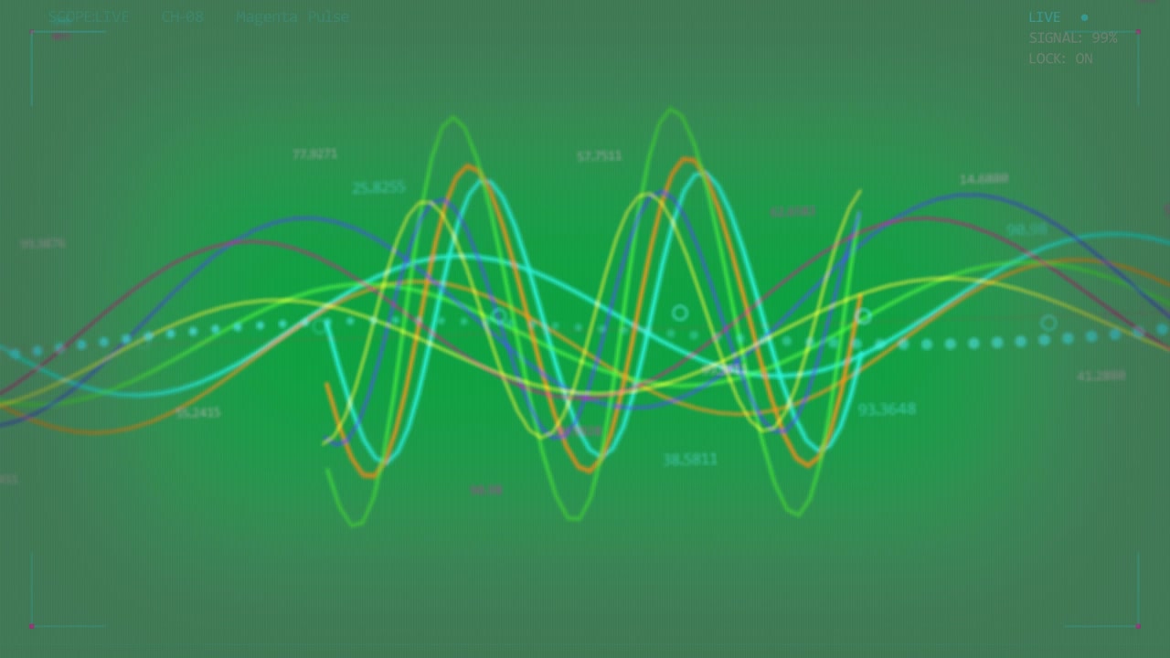 Starting left arcs sending colorful lines waving toward center on gray field, turquoise dotted line