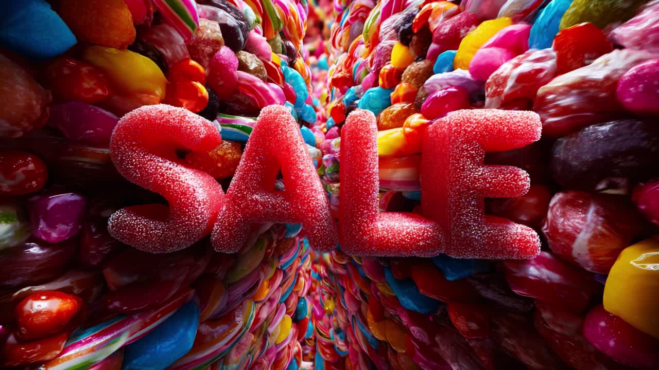Vibrant candy wonderland with colorful sweets and bold SALE sign creates an enticing visual appeal, inviting temptations for candy lovers and sweet enthusiasts alike