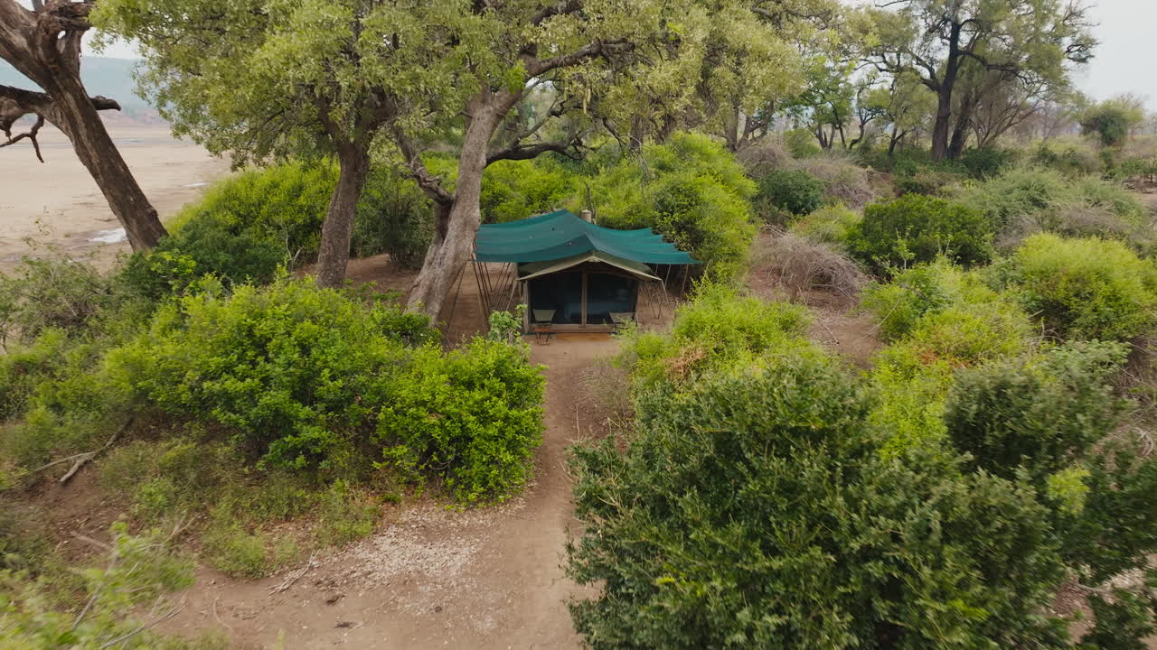 Aerial drone of bush camp near Chilojo Cliffs Gonarezhou, Chilojo,, Zimbabwe