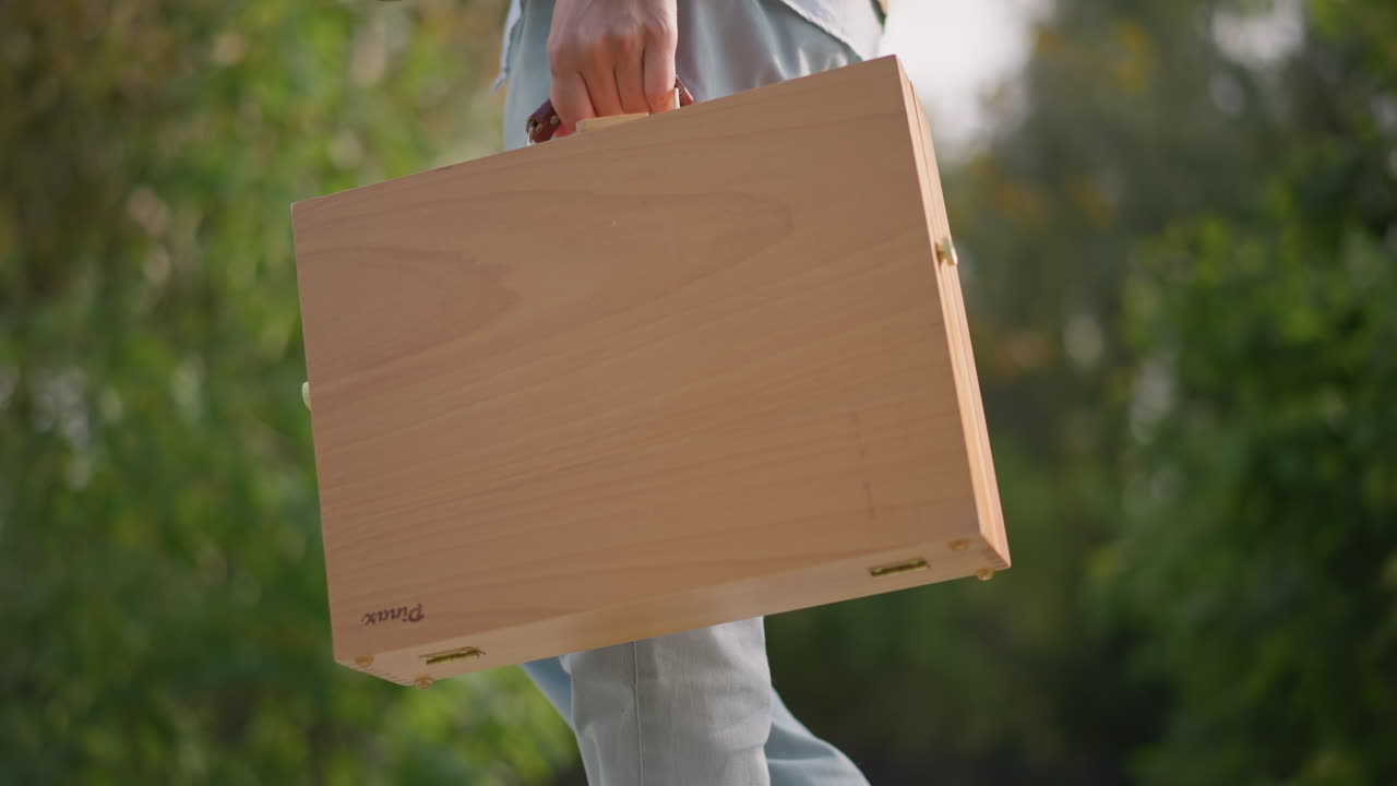 un pittore caucasico che cammina con una scatola di arte in legno attraverso un parco ricco di foglie, che trasporta una valigetta con cavalletto portatile, jeans in denim e giacca marrone chiaro, fogliame autunnale illuminato dal sole, andatura tranquilla, viaggio creativo per disegnare all'aperto