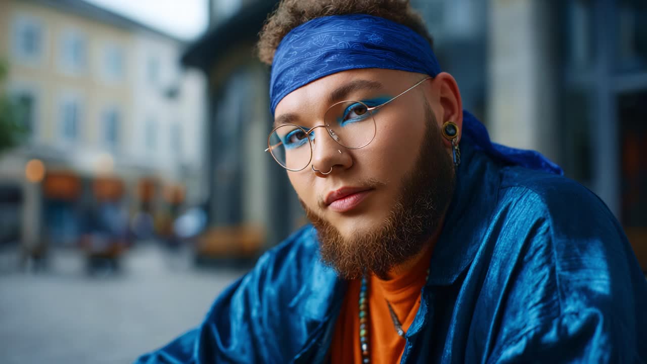 Giovane persona elegante con occhiali e accessori in posa all'aperto, che mette in mostra il suo stile unico e la sua personalità in un vivace ambiente urbano