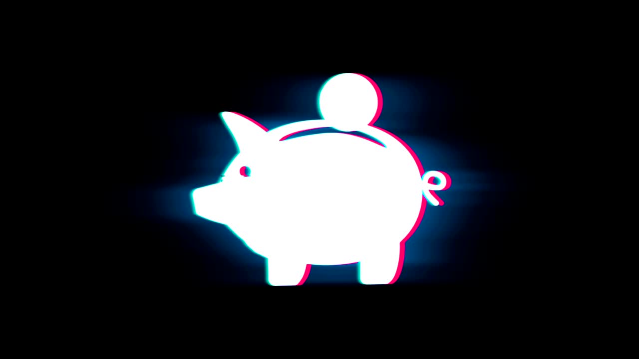 el símbolo de la moneda del banco de cerdos en la animación vintage retro de glitch.