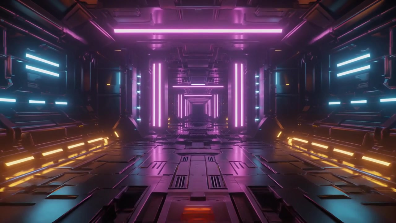 Corridoio fantascientifico futuristico con luci al neon incandescenti.