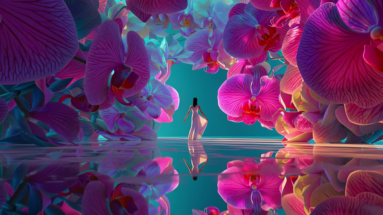 Elegant Woman Walking Through an Orchid Garden