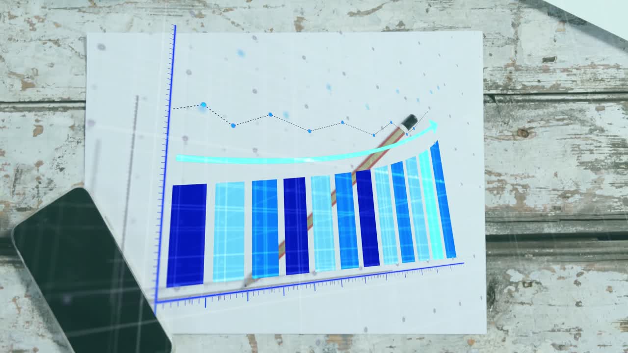 animación de gráficos sobre vista aérea de taza de café, bolígrafo y papel y teléfono celular en la mesa