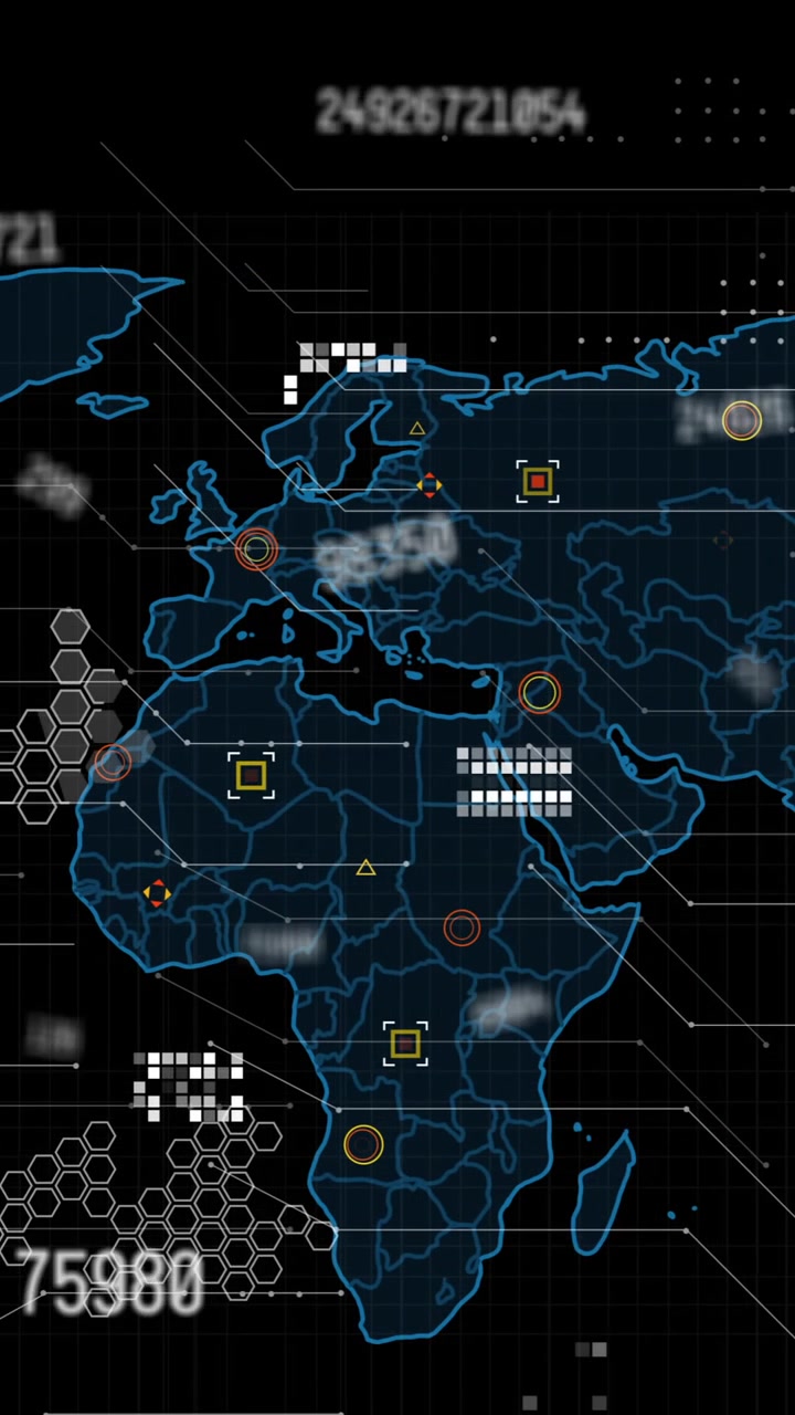 Animation of data processing over world map on black background