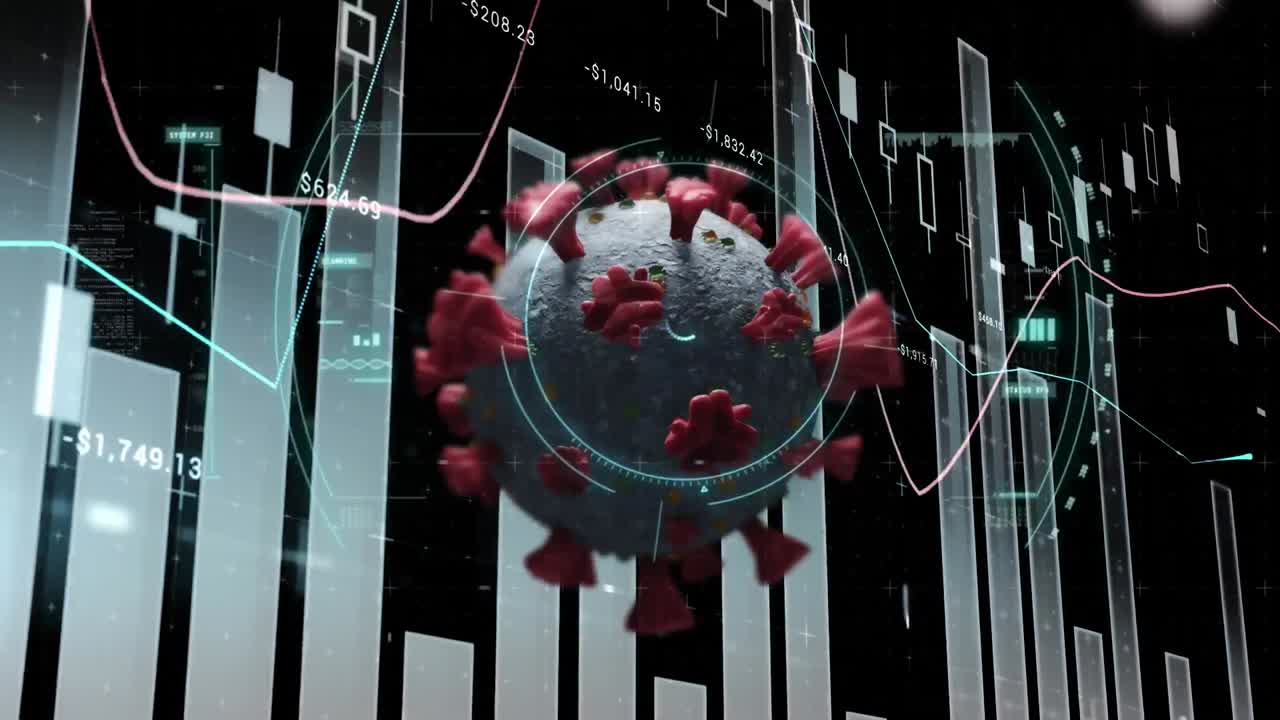 animación de la célula del virus sobre la pantalla con un gráfico estadístico