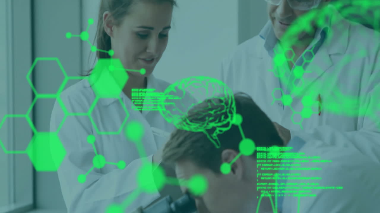 animación del cerebro digital con moléculas y procesamiento de datos sobre diversos científicos que trabajan en el laboratorio