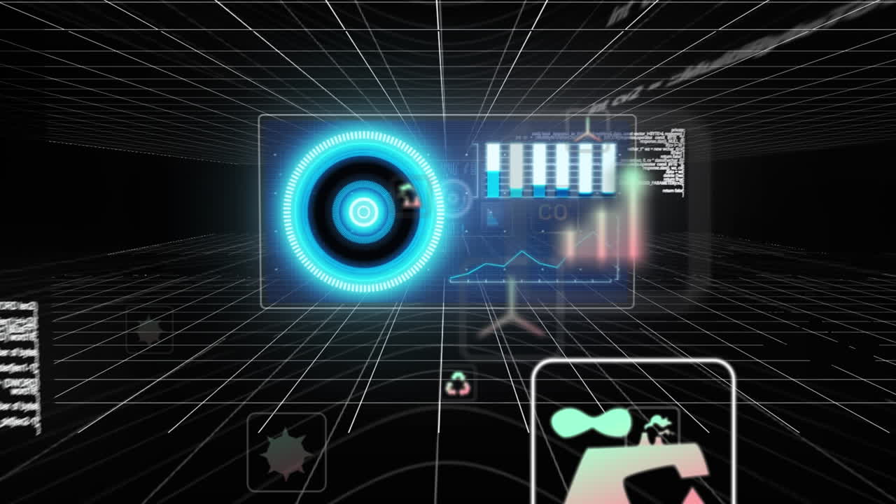 검은 바탕에 그리드 네트워크를 통해 데이터 처리를 하는 디지털 아이콘과 화면의 애니메이션