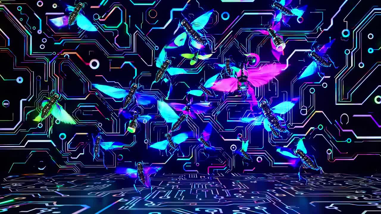 Glowing Insects on a Circuit Board