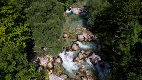 Mountain-river-with-turquoise-water-streaming-across-rocks-and-green-trees-in-Albanian-Alps