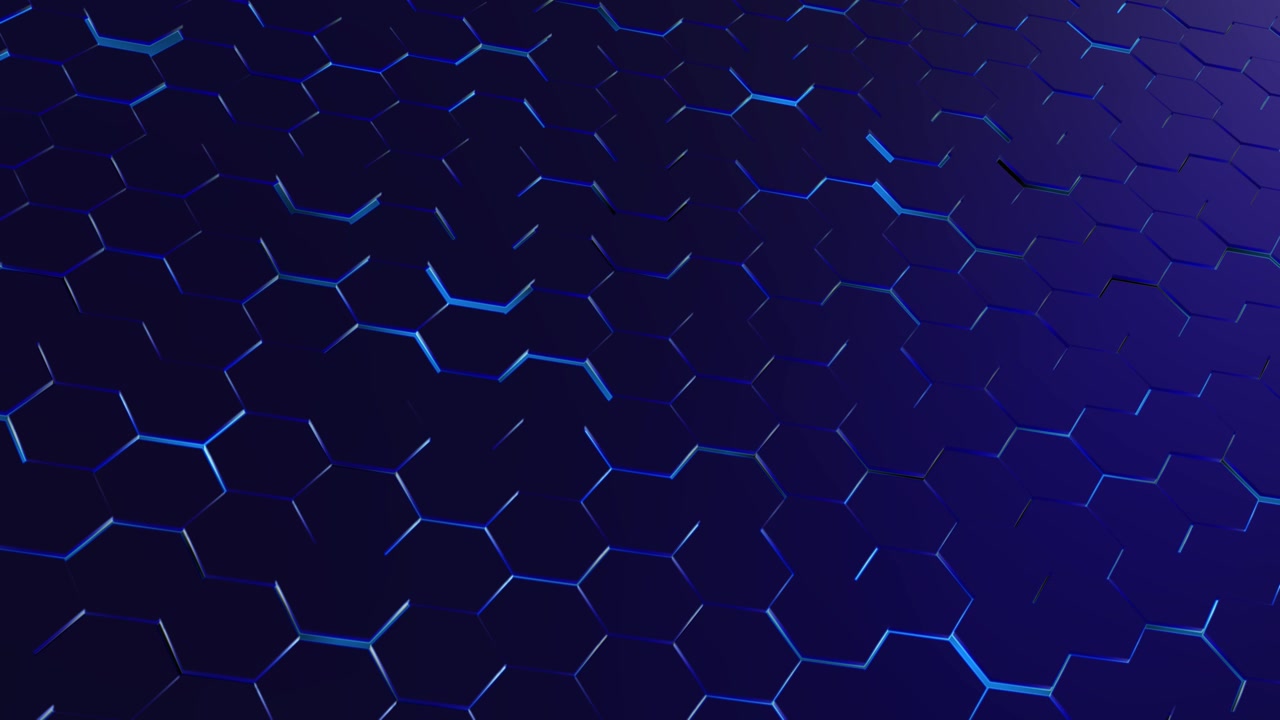 Dark geometric hex tile visual with blue neon outlines purple gradient depth and clean abstract