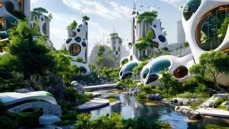 A futuristic city with a river running through it