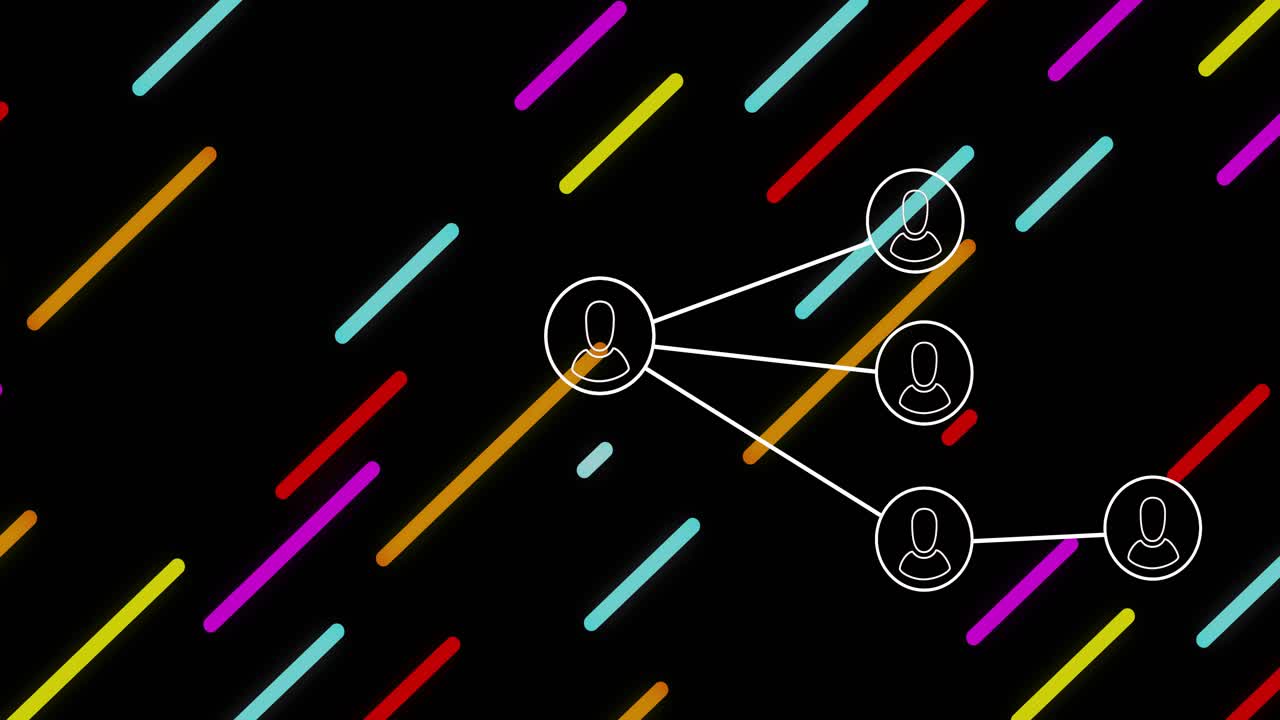 User icons connecting through white lines while being animated on black canvas with neon stripes