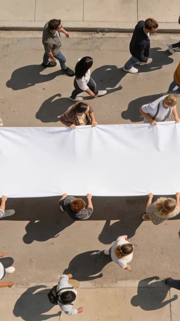 Video verticale: Manifestanti che iniziano a muoversi su una strada asfaltata, tenendo uno striscione bianco vuoto, in abbigliamento casual.