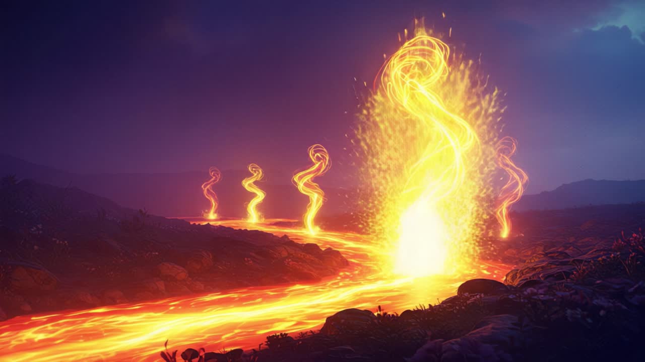 Mesmerizing Flow of Lava: Captivating Dynamics of Natural Forces as Fiery Tendrils Wind Through the Landscape, Illuminating the Night with Their Ethereal Glow