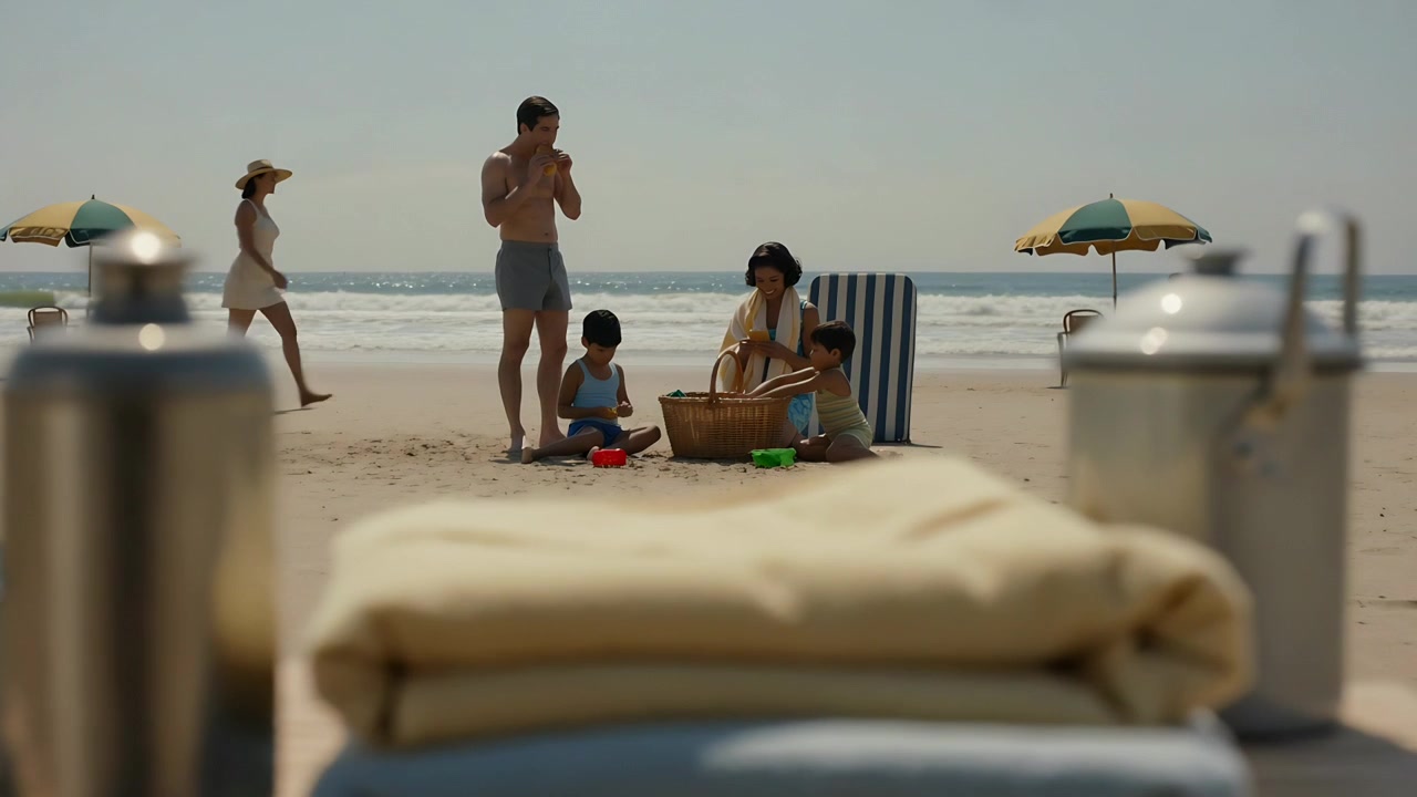 Uomo a torso nudo che si allunga per porgere un oggetto a una donna in spiaggia, da posizionare vicino al cestino da picnic, con bambini che giocano.