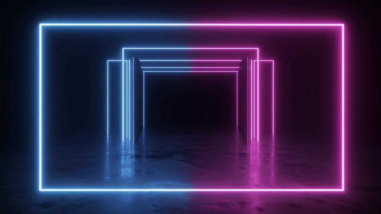 Abstract Neon Light Tunnel with Blue and Pink Glowing Frames