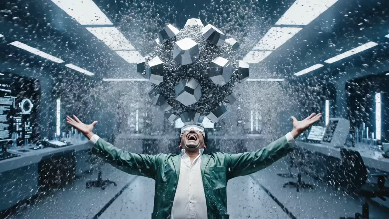 Man Surrounded by Explosions and Cubes in a Futuristic Lab
