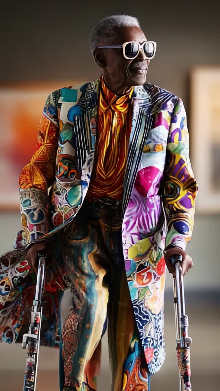 A Vibrant Elderly Man in a Colorful Suit: Fashion and Confidence Shine Through as He Walks with Style, Showcasing Bold Patterns and a Unique Personal Flair