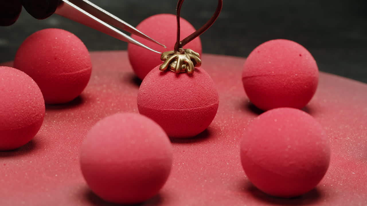 Chef Carefully Placing a Gold Ornament on a Red Spherical Dessert