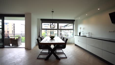 interior of spacious kitchen with dining area