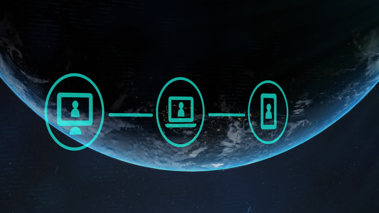 Animation of network of digital icons over globe