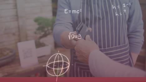 animación de ecuaciones matemáticas sobre un hombre caucásico pagando con tarjeta de crédito