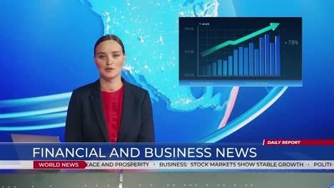 live news studio with professional anchor doing financial and business report, showing with a gestures stock market growth charts analytics. television channel newsroom with newscaster talking