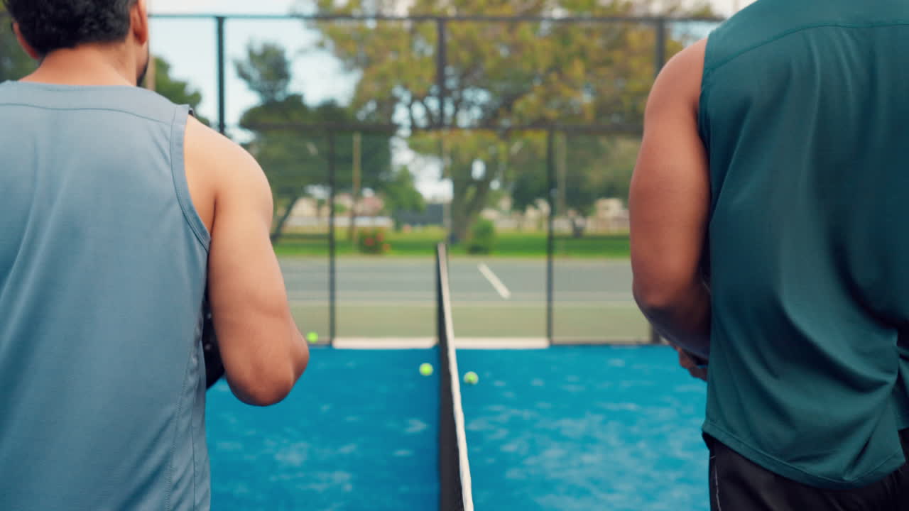Two Men Fist Bumping on a Padel Court Showing Sportsmanship