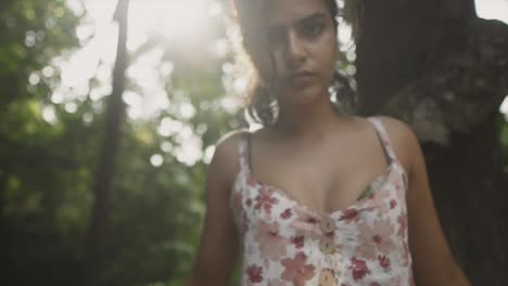 Dreamy-attractive-lady-posing-in-apparel-clothes-in-sun-flared-cinematic-shot