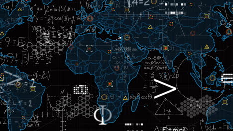 animación de fórmulas y ecuaciones matemáticas sobre el mapa del mundo y procesamiento de datos