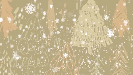 animation of snowflakes falling over drawn christmas trees on grey background