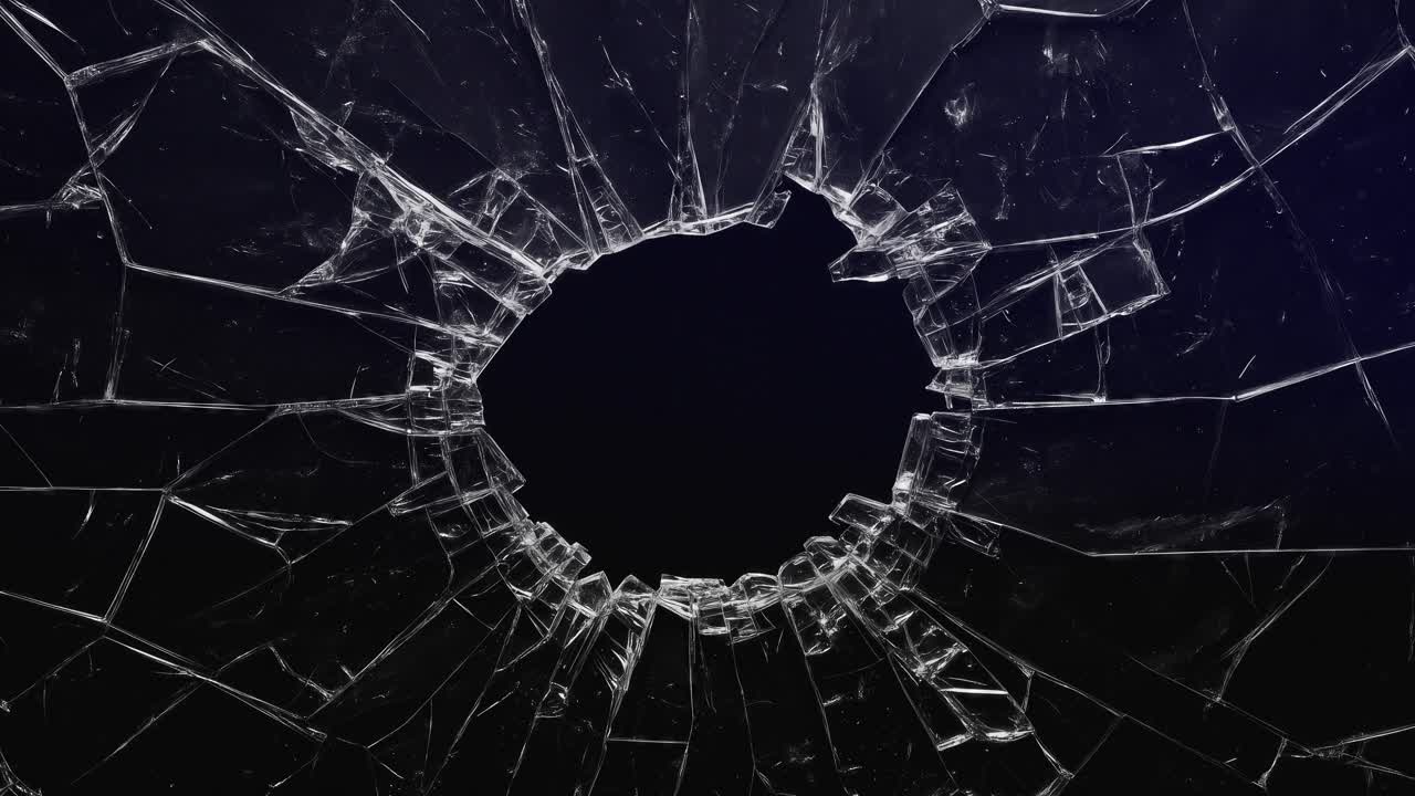 Broken glass with hole and flashing red and blue lights. Shattered glass with a central hole and pulsating red and blue emergency lights. For crime, impact, danger, security concept