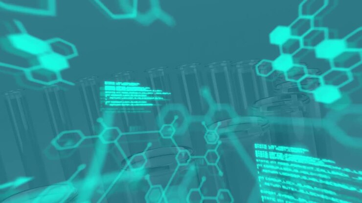 Animation of data processing and chemical formulas over test tubes on blue background