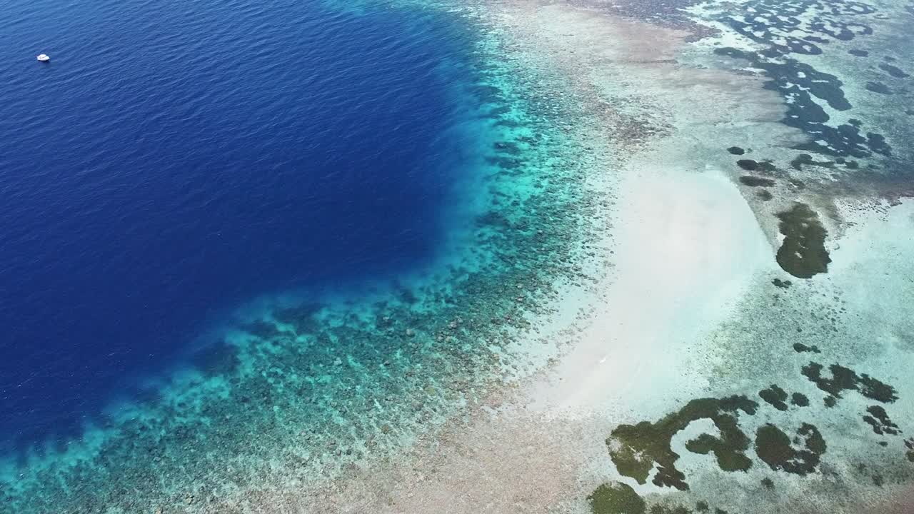 아름다운 건강한 산호초 가장자리에 다이빙 보트