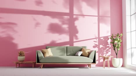 Modernes-Wohnzimmer-In-Einer-Wohnung-Mit-Couch-Und-Schattenwolken-An-Der-Roten-Wand-Des-Sonnenuntergangs,-Die-Von-Einer-Sanften-Sommerbrise-Durch-Die-Animation-Der-Architektur-Und-Des-Innendesignkonzepts-Gerendert-Werden