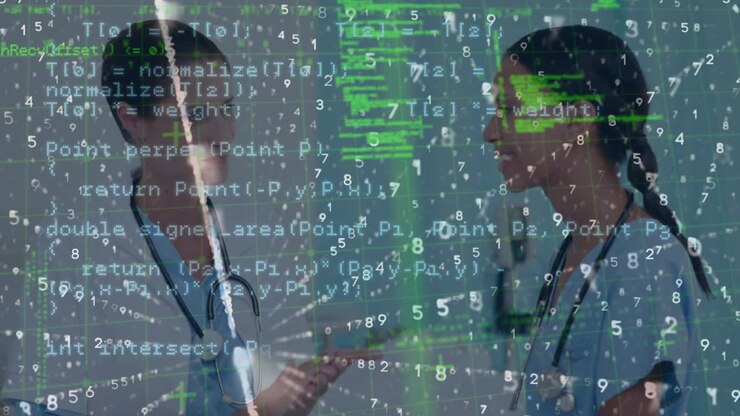 Data processing over portrait of diverse female doctor and health worker smiling at hospital