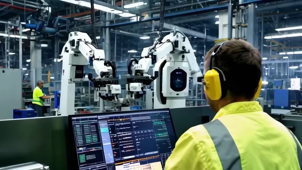 A man in a yellow and grey safety vest is working on a computer monitor in a factory.