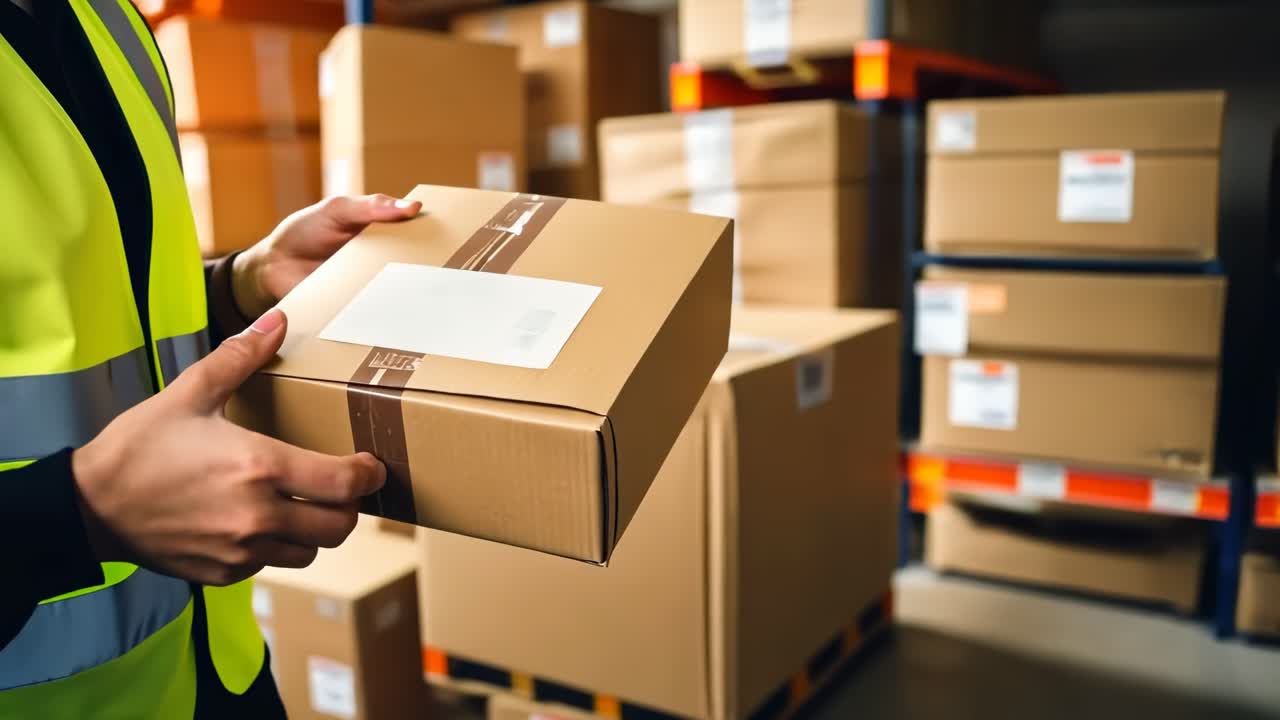 Close-up video shot of a worker holding a package in a warehouse
