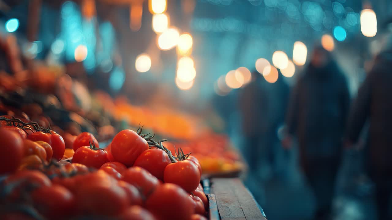 A Vibrant Market Scene with Fresh Tomatoes Under Warm Glow of Lights, Capturing the Essence of Local Produce and Community Vibes in an Inviting Atmosphere