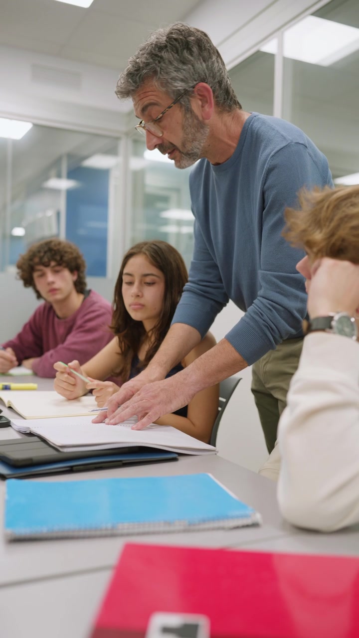 Insegnante che spiega agli studenti in un'aula moderna