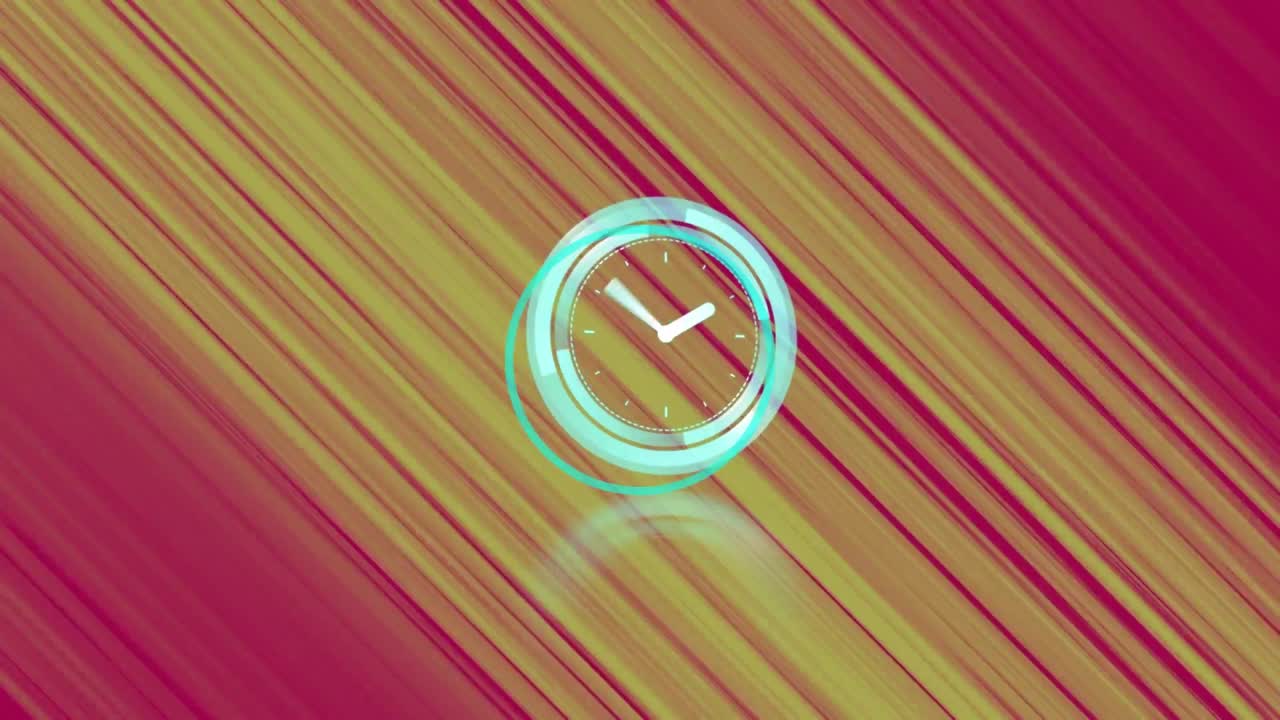 Digital animation of neon ticking clock against yellow light trails on red background
