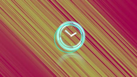 digital animation of neon ticking clock against yellow light trails on red background