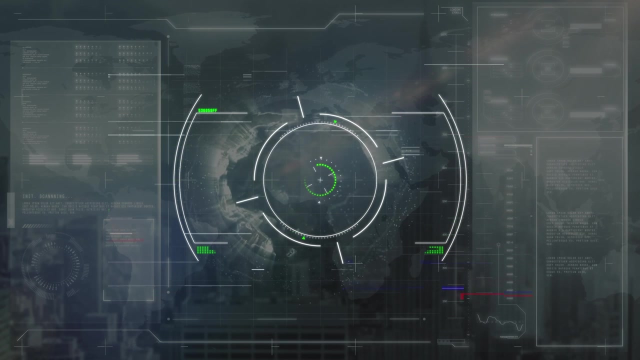 Animation of scope scanning and financial data processing over cityscape