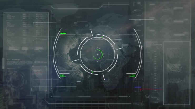 Animation of scope scanning and financial data processing over cityscape