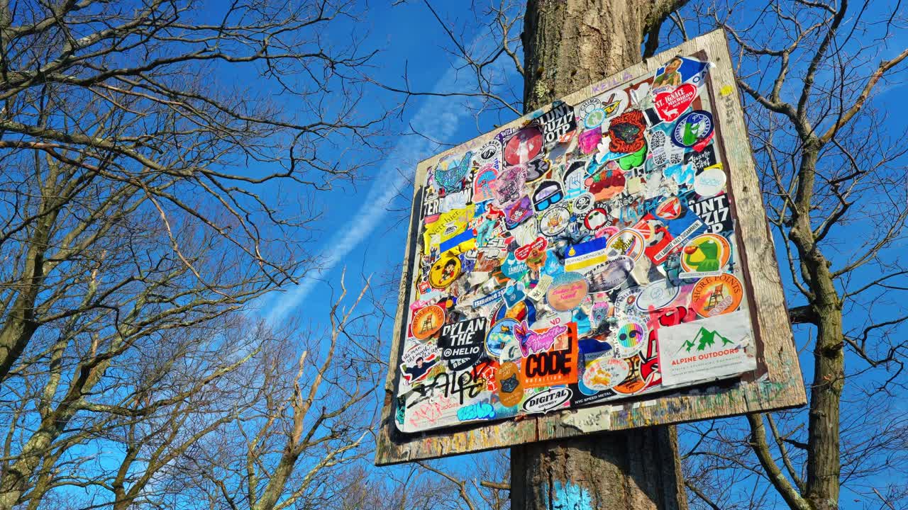 New Jersey, USA, 5. april 2026: Træskilt til vandresti dækket af farverige klistermærker på et træ. Nærbillede af træinformationsskilt med mange forskellige klistermærker ved Mount Tammany, USA