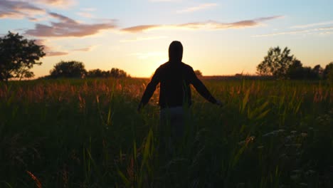 Summer-Adventure-on-Warm-Evening-in-Wheat-Field,-Sunset-Colors-in-Sky