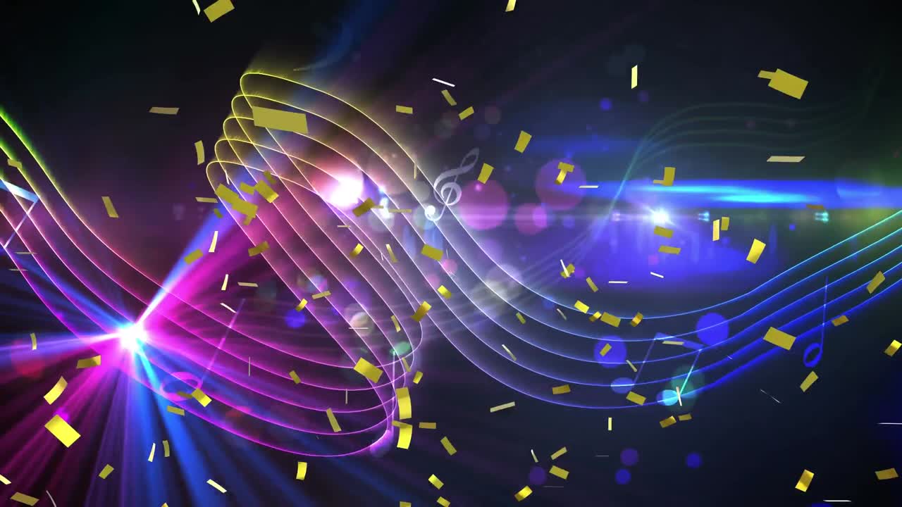 금색 콘페티가 디지털 파도 위에 떨어지고 검은 바탕에 빛의 반점이 있습니다.