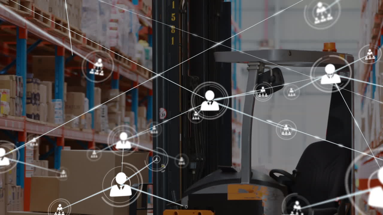 animación de la red de conexiones con iconos sobre el almacén